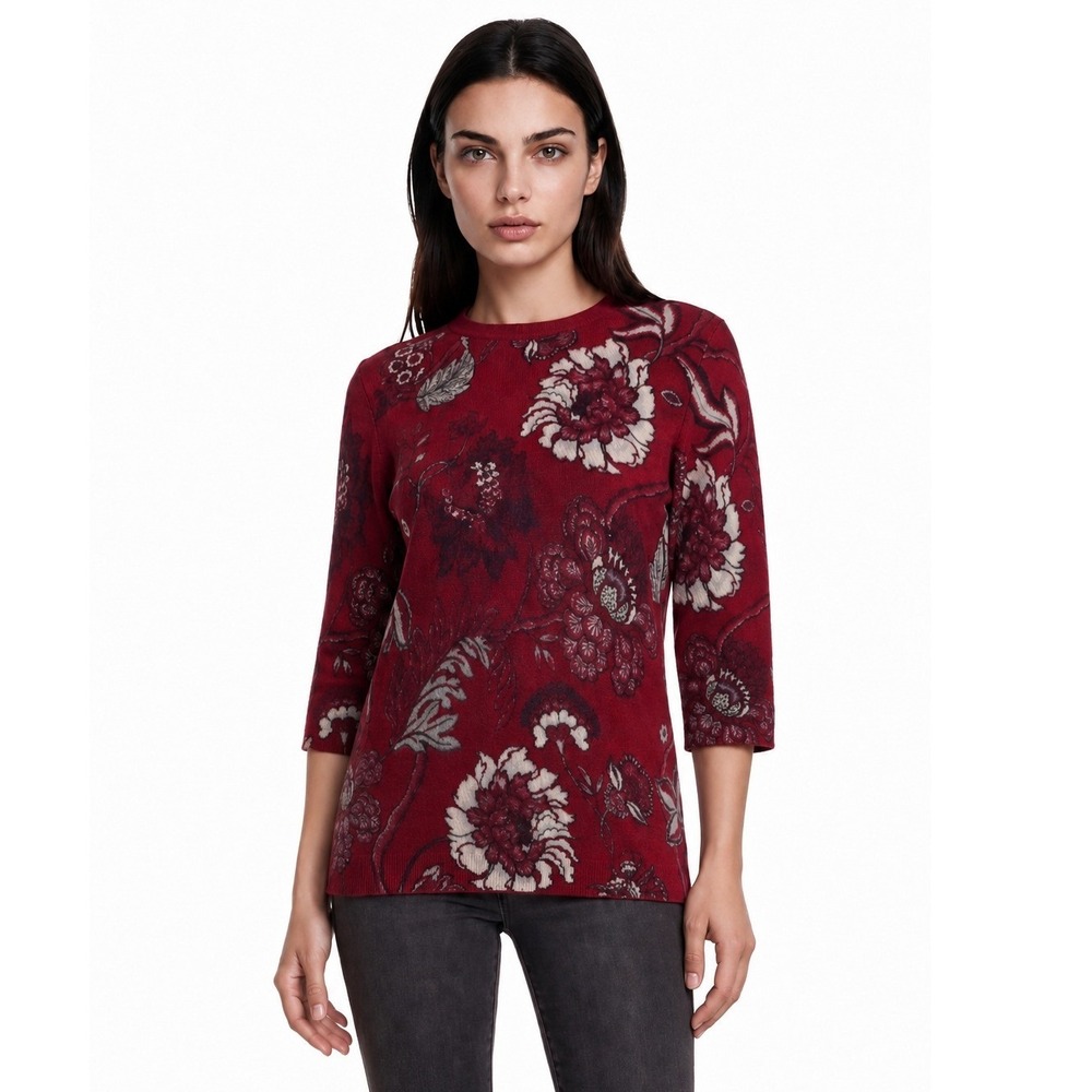 Talbots Pure Cashmere Sweater Women's Size 1X Burgundy Floral 3/4 Sleeve Crew